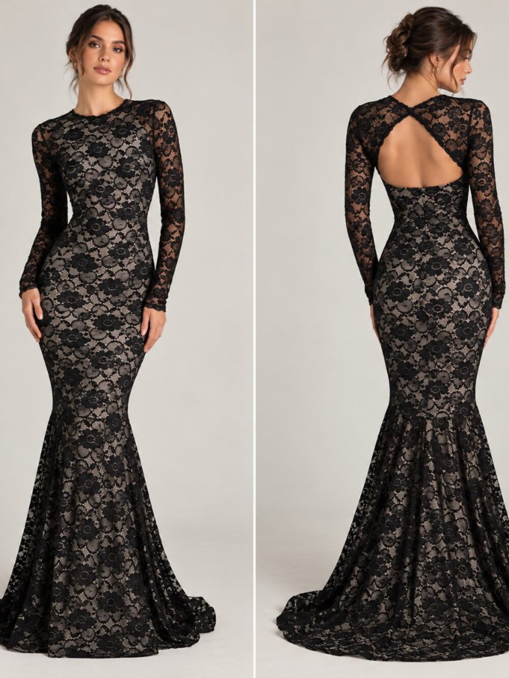 Windsor Black Lace Floor Length Gown XS Mermaid Open Back Long Sleeve Formal